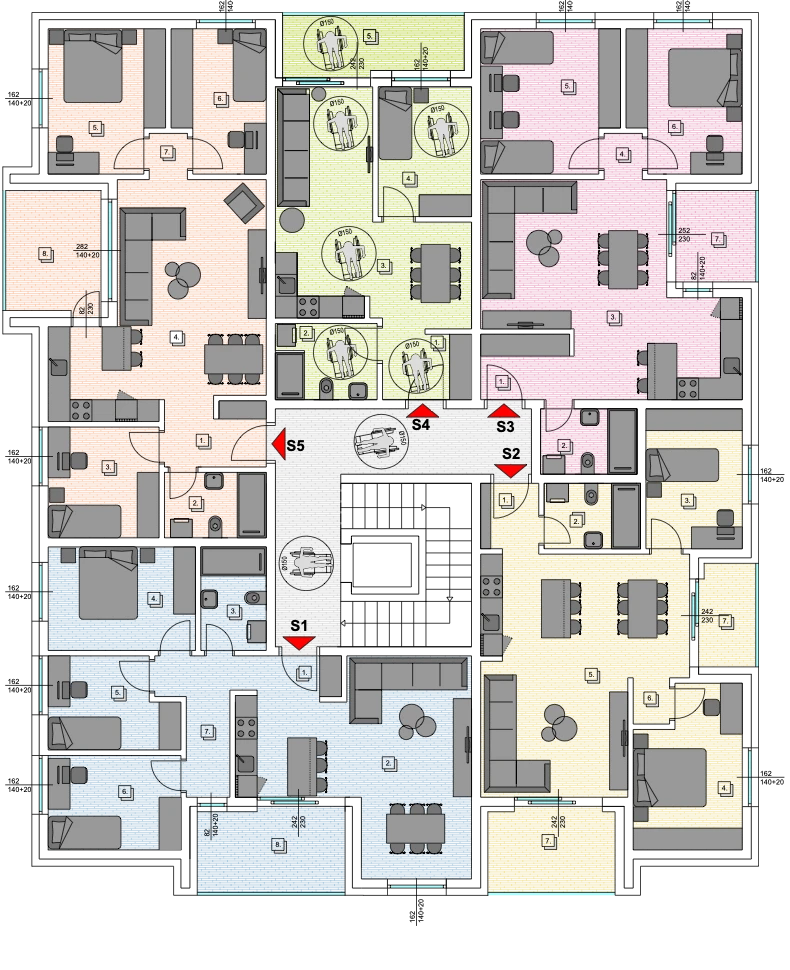 Tlocrt 1. kat — stanovi S1, S2, S3, S4, S5