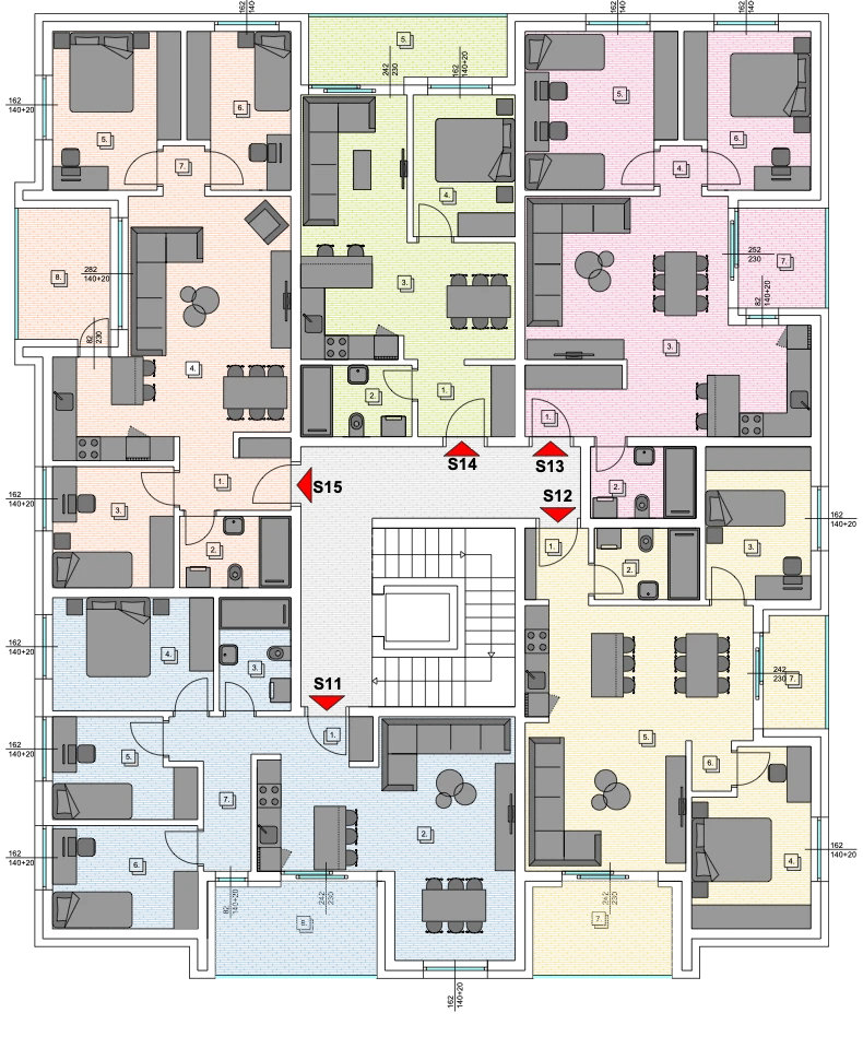 Tlocrt 3. kat — stanovi S11, S12, S13, S14, S15