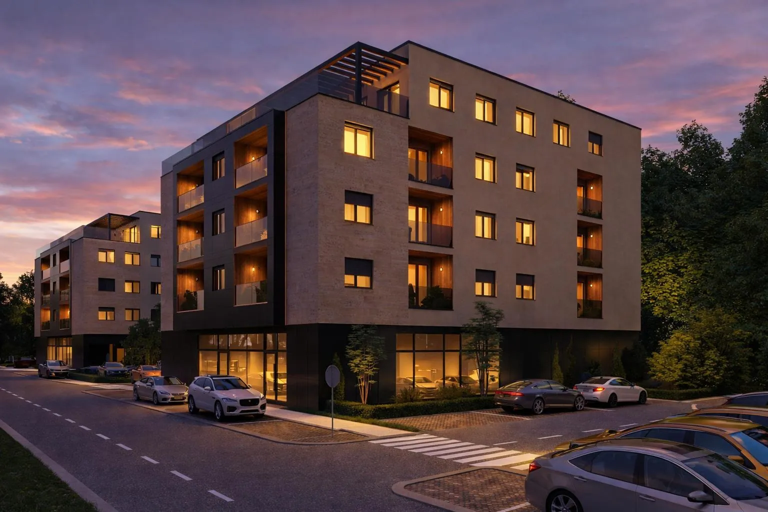 Noćni prikaz zgrade Lenije s osvijetljenim stanovima