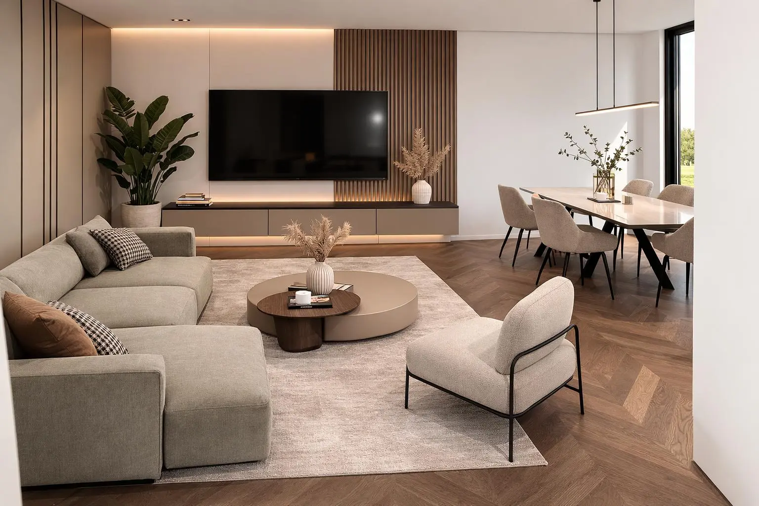 Dnevni boravak — topli tonovi drva i neutralnih boja